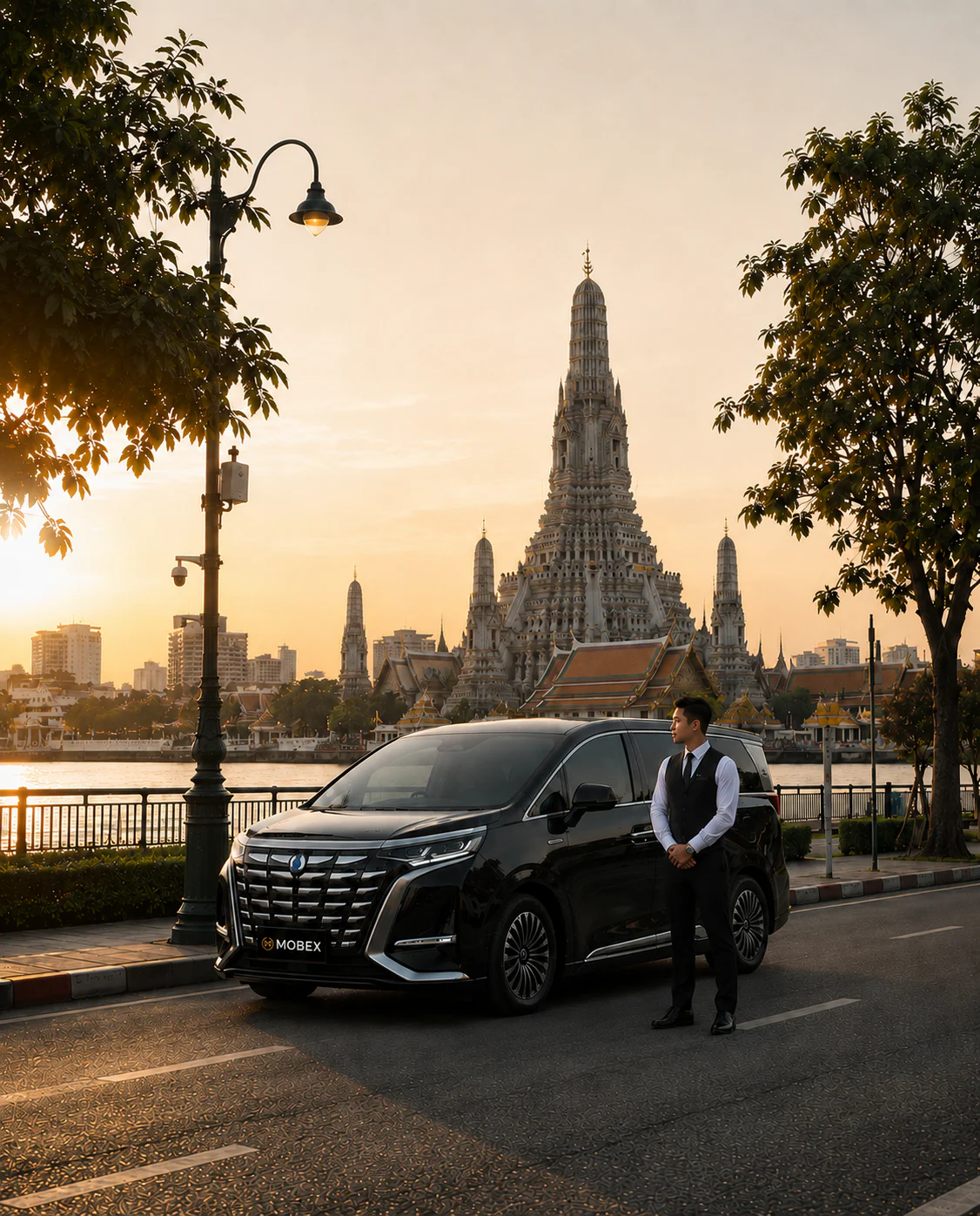 A MOBEX chauffeur and vehicle beside a Bangkok temple