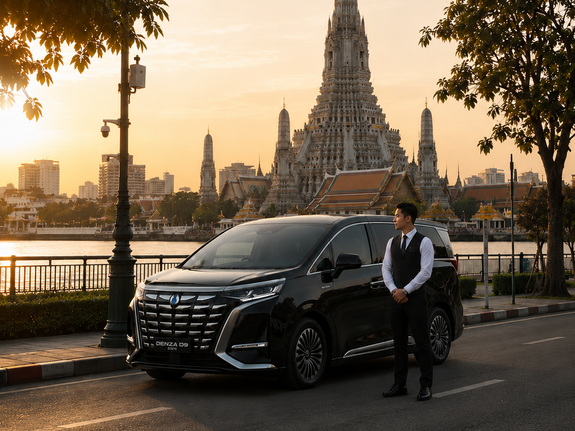 A MOBEX chauffeur and vehicle beside a Bangkok temple